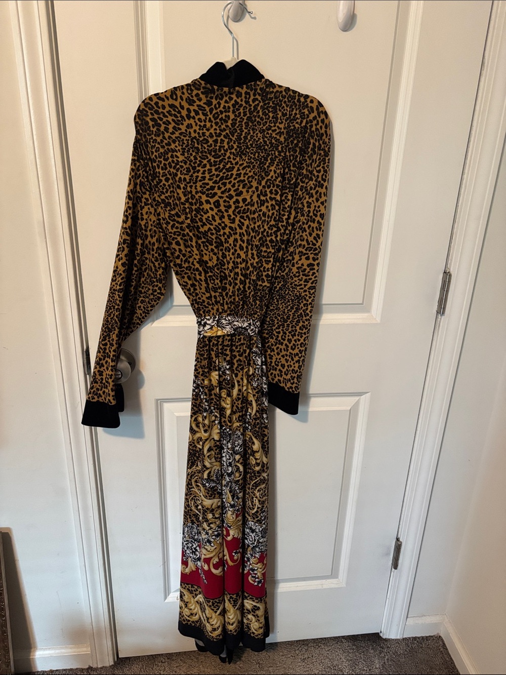 Soma Leopard Print Long Robe with Black Trim and Red Hem Accents - Picture 4 of 4